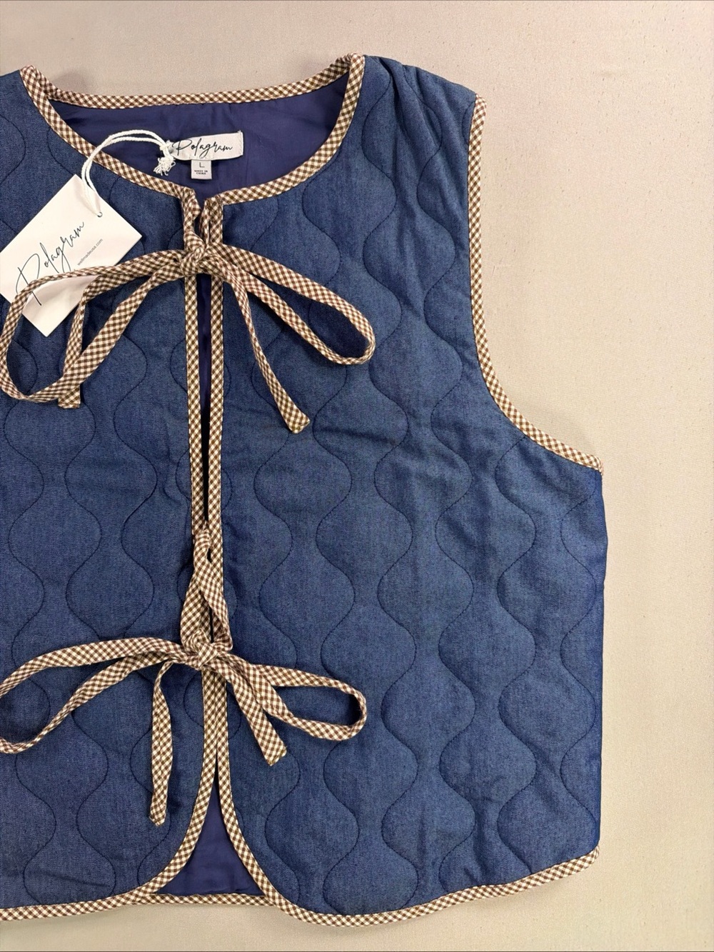 Polagram Blue Quilted Vest with Check Trim - Picture 4 of 14